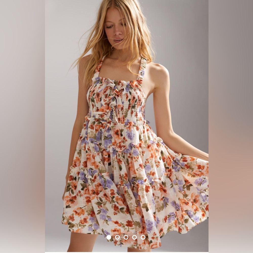 Anthropologie Size L En Saison Floral Tiered Smocked Mini Dress Women’s